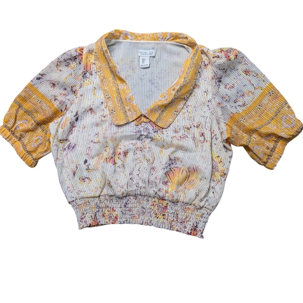 Rachel Zoe Floral Metallic Stripe Smocked Puff Sleeve Blouse Yellow Purple S